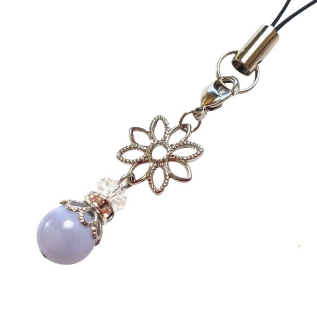 ブルーレースアゲート パワーストーンストラップ 天然石 水晶 クリスタル 花 シルバー 金具銀色 携帯ストラップ スマホ お守り プレゼント ラッピング無料 メール便 送料無料 アクセサリー
