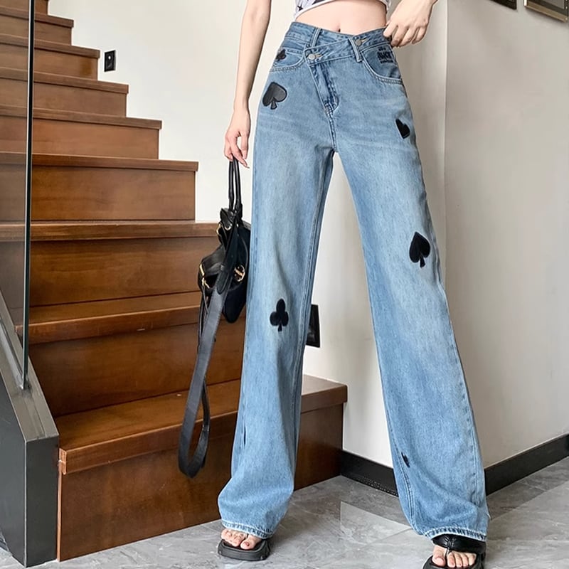 cross design wide leg denim pants with mark la1581