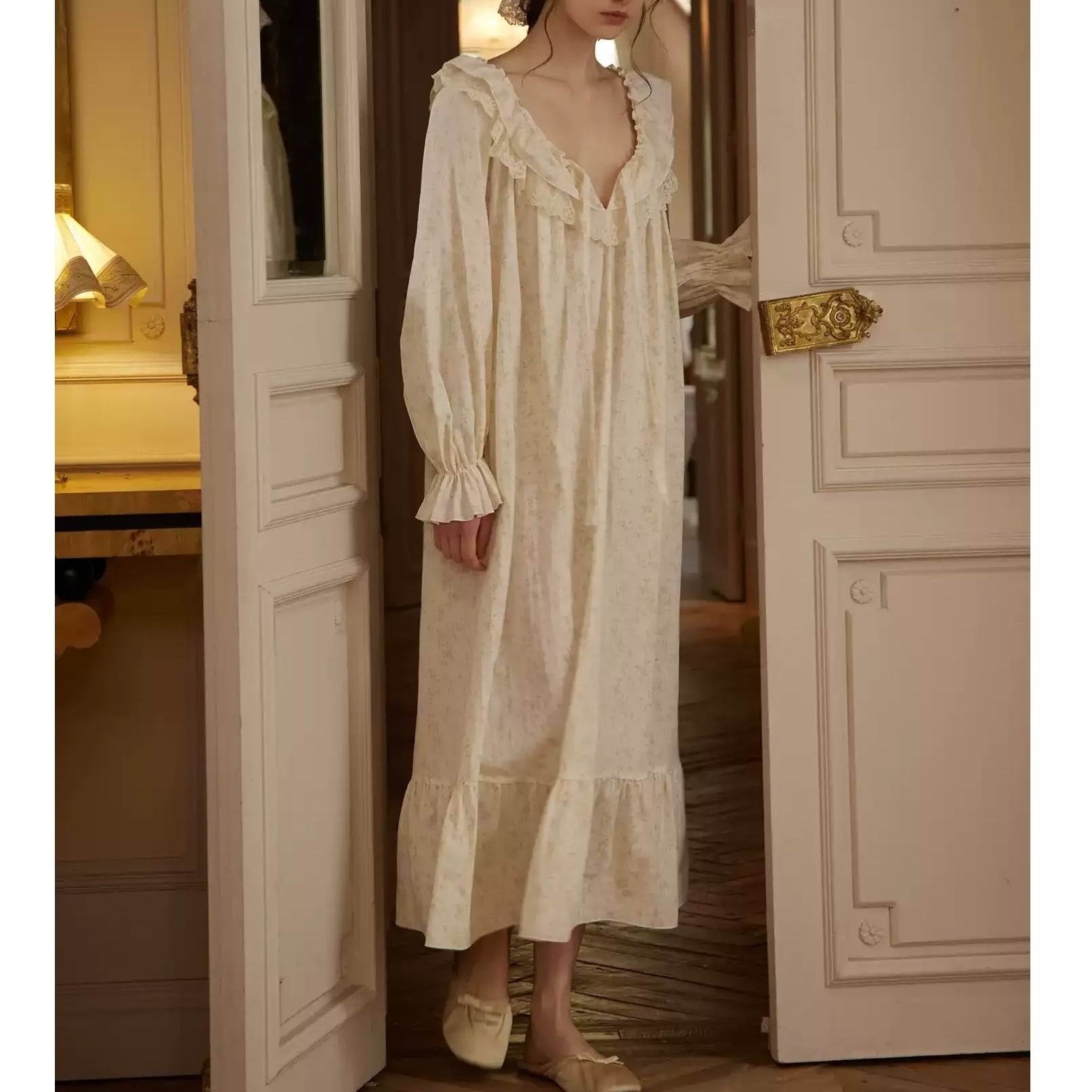 【XS-XL】frill-neck flower pattern cotton100% room wear p1754