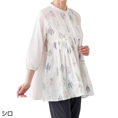 ７分袖花柄刺繡前開きブラウス（婦人）