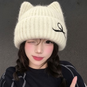 ニット帽 レディース 秋冬 猫耳 リボン付き ビーニー シャギーニット リブ 折り返し ニット キャップ 韓国 Y2K バレエコア 防寒 保温 ガーリー 大人可愛い 推し活 ライブ イベント 通学 お出かけ [LW-CGH003]