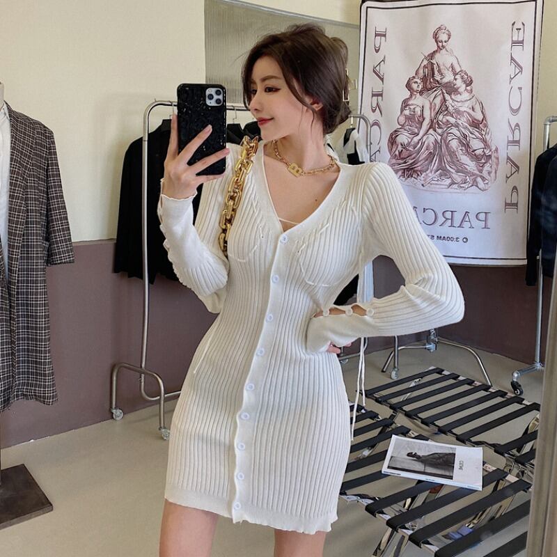 Vネックニットドレス スプリングウェストセーター スカート 春物 YY-ファッション43804365070