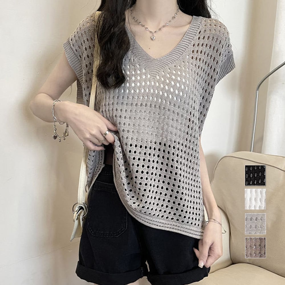 全4色 サマーニット メッシュ編み込み 涼しげ Vネック 通気性抜群