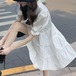 【2点セット】2色/デニムビスチェ+パフスリーブティアードフレアシャツワンピ ・78486