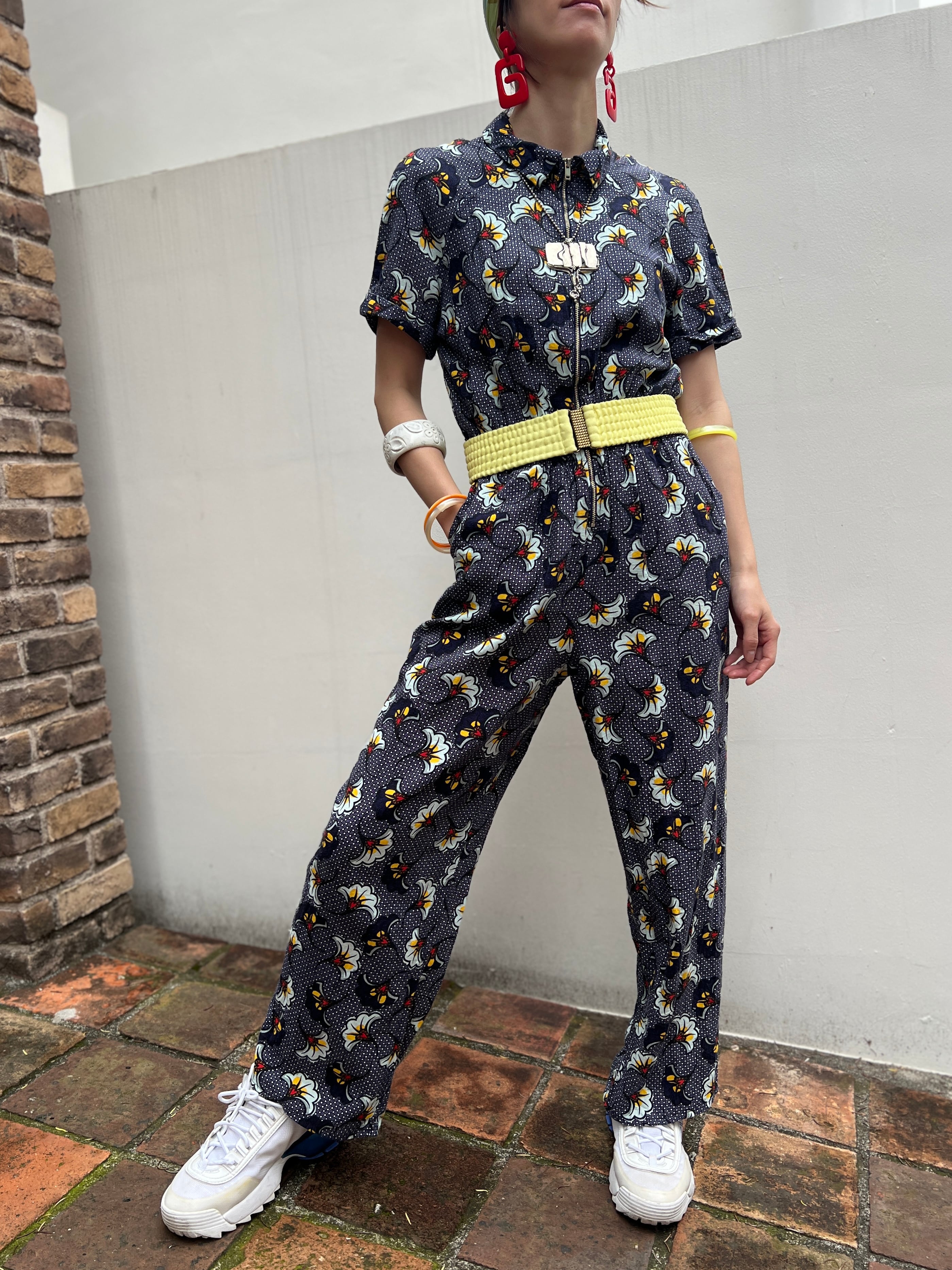 Vintage France navy floral × linen rayon jumpsuits
