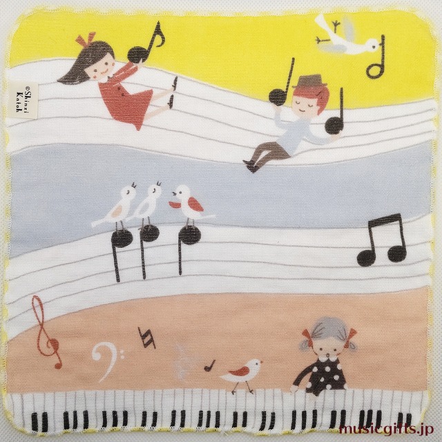 タオルハンカチ　トンピアノ　鳥と音符