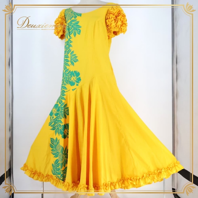 フラダンス 衣装 FANCY DRESS ファンシードレス ワンピース ドレス イエロー系 グリーン系 ツートンカラー フリル ハイビスカス柄 ラウアエ柄 シンプル かわいい 華やか 鮮やか 明るい 黄 緑 ハワイアン ハワイアンプリント レッスン 練習