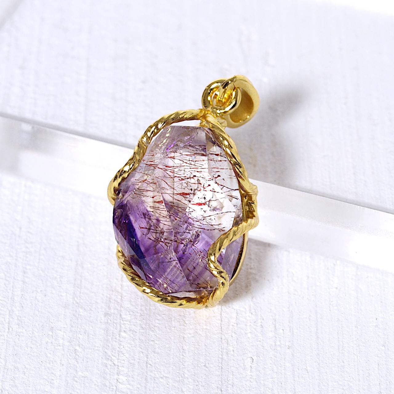 【一点物】アメジストエレスチャルタンブルK18GPペンダントトップ