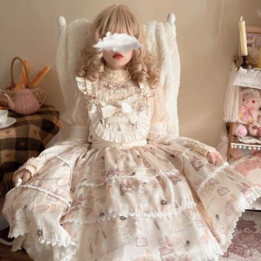 甘ロリ ジャンパースカート 童話モチーフ 猫の人魚プリント柄 JSK