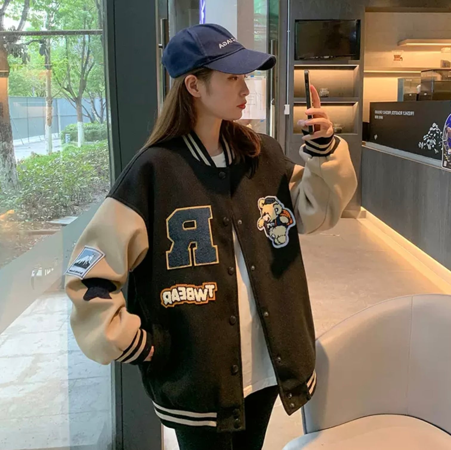 メンズライクでおしゃれスタジャン アメカジ ダボかわ ブルゾン アウター ロゴ ライン 古着っぽ カジュアル ストリート Lamitte Deco トレンド 韓国ファッション ショップ Base店