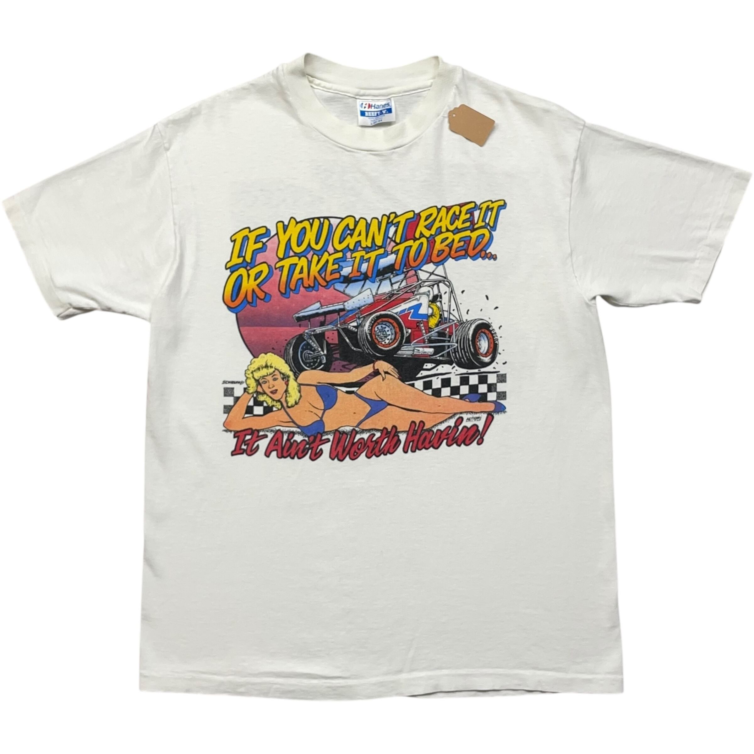 《L》 Hanes ヘインズ Tシャツ メッセージプリント スプリントカー プリント ホワイト USA製 80年代 vintage no.8679