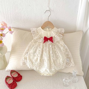 【BABY】レッド蝶結びレースロンパース