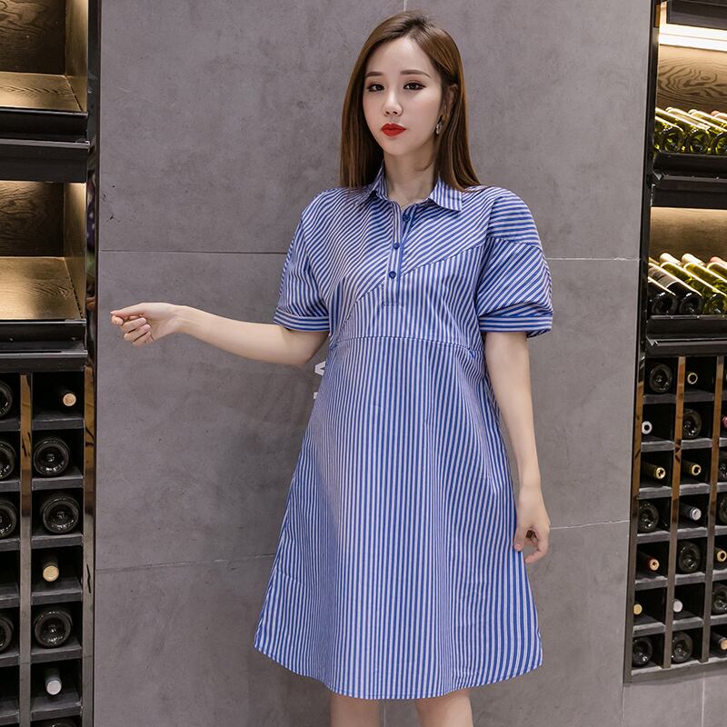 【新作】【送料無料】 マタニティ服ストライプターンダウンカラーシャツドレスルーズスタイリッシュドレス妊婦イージーマッチングママドレス AL expec366711730730