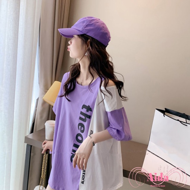 【送料無料】オーバーサイズ　Tシャツ　紫　パープル　オフショル　バイカラー