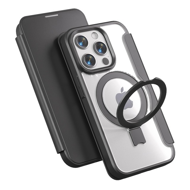 【Magsafe対応 多機能スタンド】smhokesu iPhone 15 Pro Max 用 ケース 手帳型 MagSafe対応 いphone15Promax ケース リング＆スタンド切り替え ワイヤレス充電対応 カード収納1枚 マグネット式 背面透明PU カメラ保護カバー レザー 耐衝撃 全面保護 アイホン iPhone 15promax用 6.7インチ用 ブラック