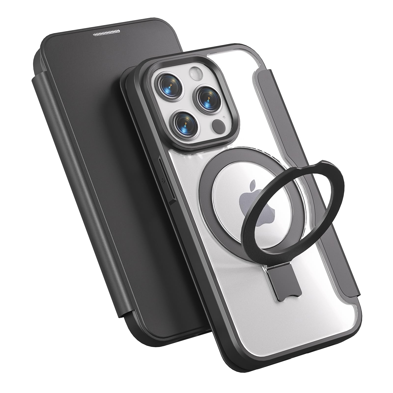 【Magsafe対応 多機能スタンド】smhokesu iPhone 15 Pro Max 用 ケース 手帳型 MagSafe対応 いphone15Promax ケース リング&スタンド切り替え ワイヤレス充電対応 カード収納1枚 マグネット式 背面透明PU カメラ保護カバー レザー 耐衝撃 全面保護 アイホン iPhone 15promax用 6.7インチ用 ブラック