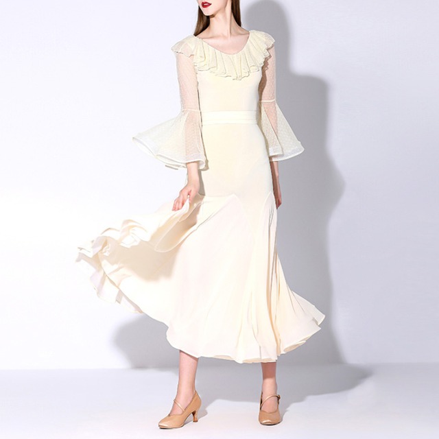 メッシュフリルスリーブ シフォンフレア ダンスドレス 3col　D00347