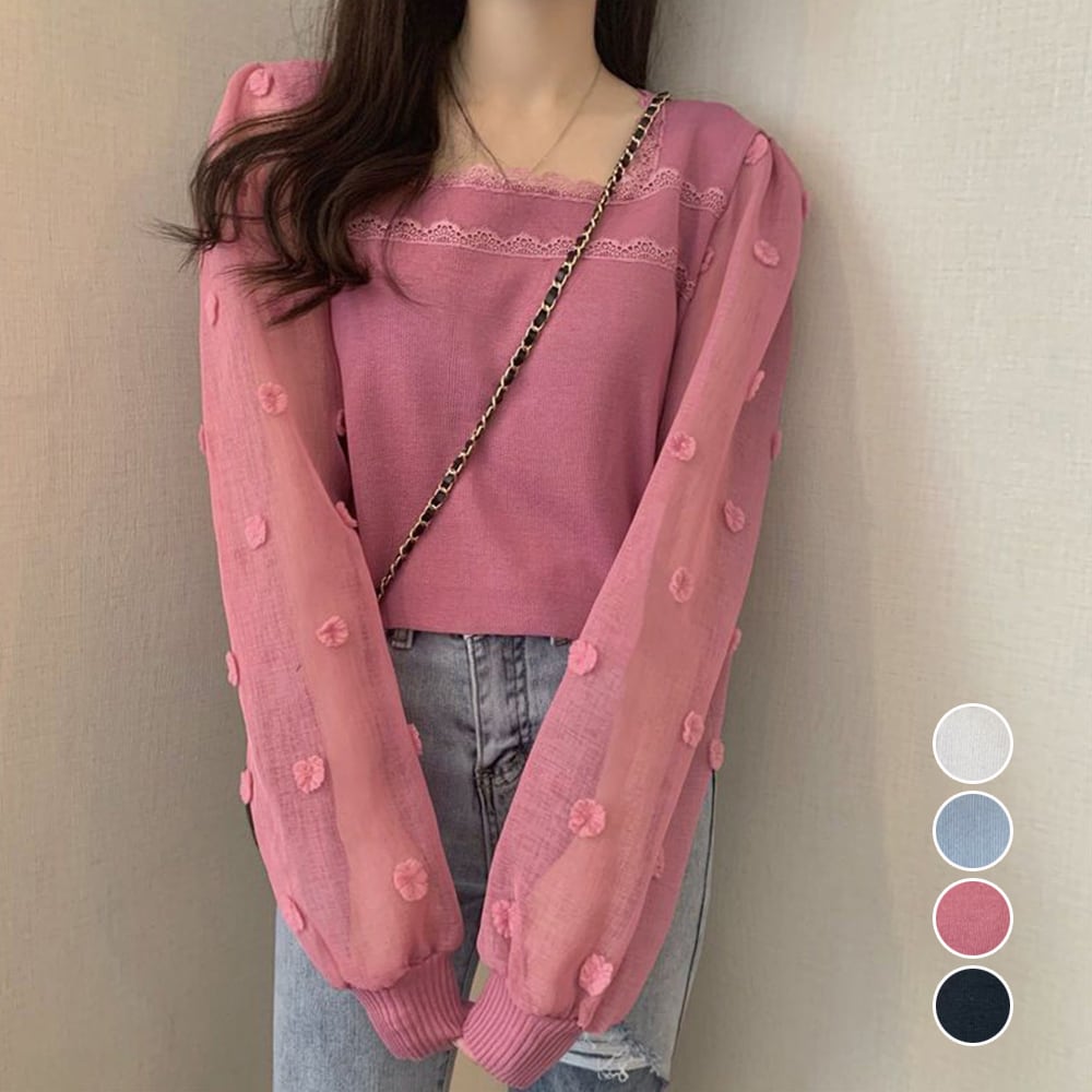 韓国カフェ 韓国ファッション 大人女性 プチプラ ニットブラウス 袖切り替えニットトップス レディース 20代コーデ 30代コーデ