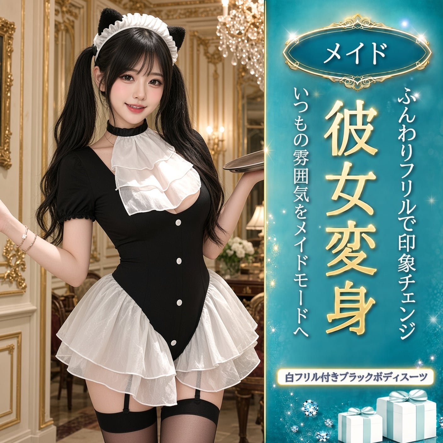 〔メイド〕彼女を一瞬でメイドモードへ 猫耳ヘッドドレス付きブラックメイドボディスーツ