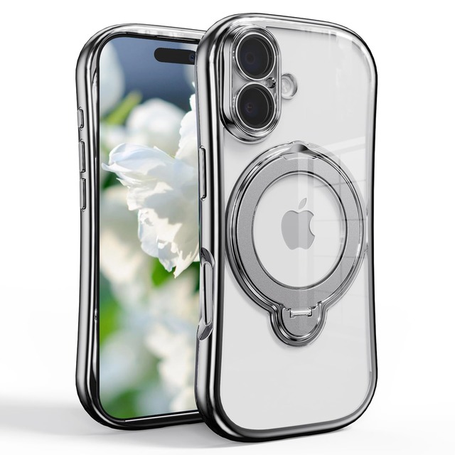 【JOOBOY】 スマホケース 対応 iPhone 17 ケース クリア MagSafe対応 360度回転スタンド機能 透明 メッキ加工 キラキラ かわいい TPU ソフトケース 圧倒的耐衝撃性 薄型 傷防止背面 滑り止め 指紋防止 ストラップホール付き アイフォン17 携帯電話カバー(シルバー, iPhone 17)
