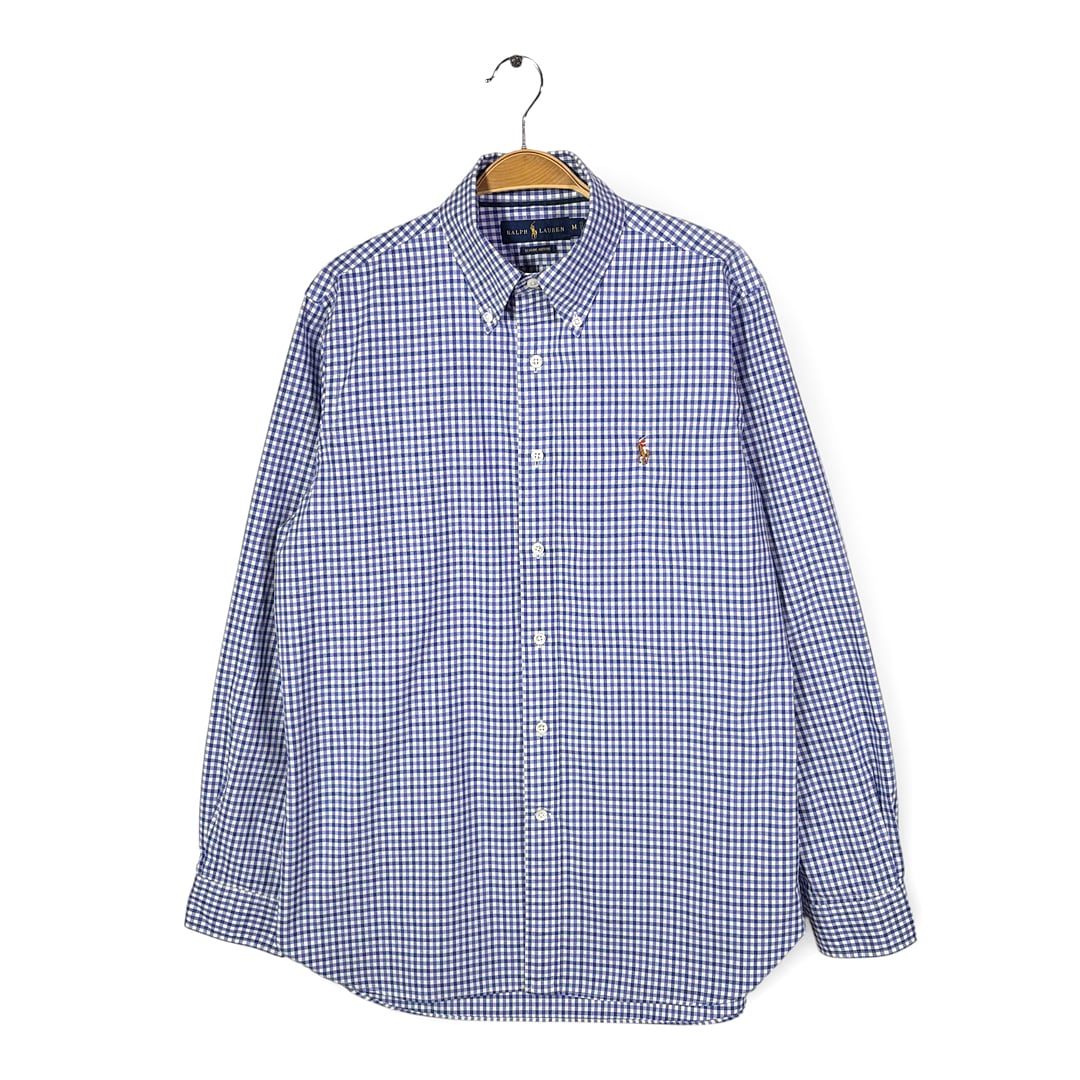 ラルフローレン オックスフォードシャツ ボタンダウン ギンガムチェック マチ付き ブルー系 ワンポイントロゴ 長袖シャツ RALPH LAUREN サイズM 古着 CA1537