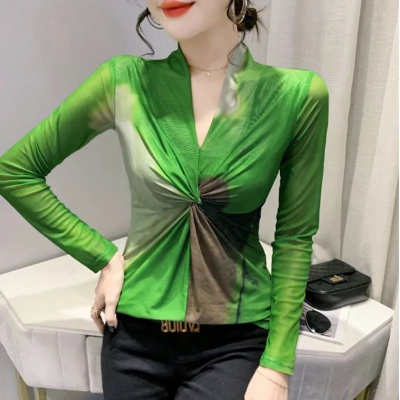 女性用長袖Tシャツ,タイダイ,Vネック,セクシー,タイト,メッシュ,薄手,春,#8388