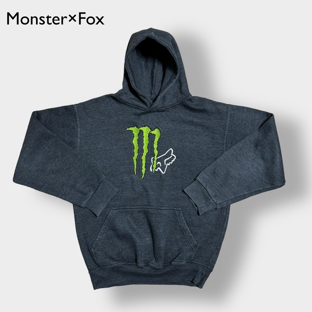 Monster energy Fox Racing コラボ パーカー 刺繍ロゴ プルオーバー フーディー スウェット モンスターエナジー フォックスレーシング us古着