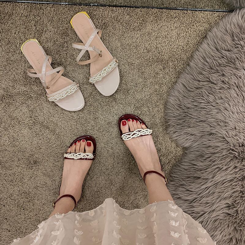 サンダルサマーパールヒール ハイヒール 靴 シューズ 夏物 真珠 フェイクシューズ79299905746