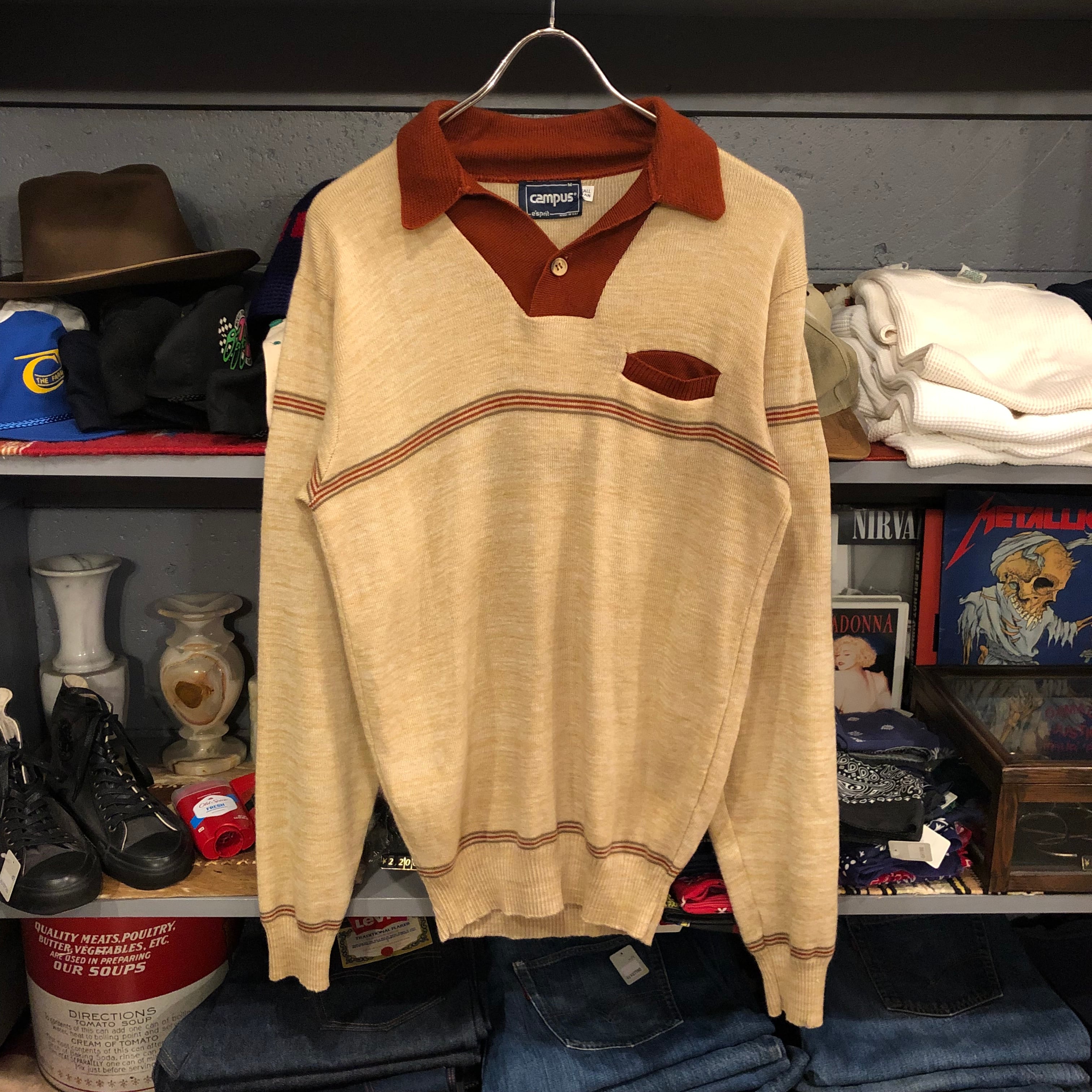 70s CAMPUS ベロア ポロシャツ USA製 マルチボーダー ヴィンテージ 70年代 70s ジェーシーペニー ストアブランド 緑 グリーン 長袖