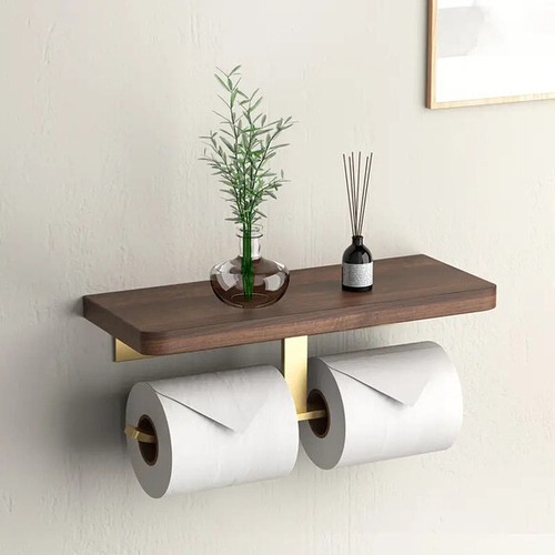 トイレットペーパーホルダー 木製 金色 携帯置き付き 2ロット ペーパーカバー ティッシュホルダー おしゃれ