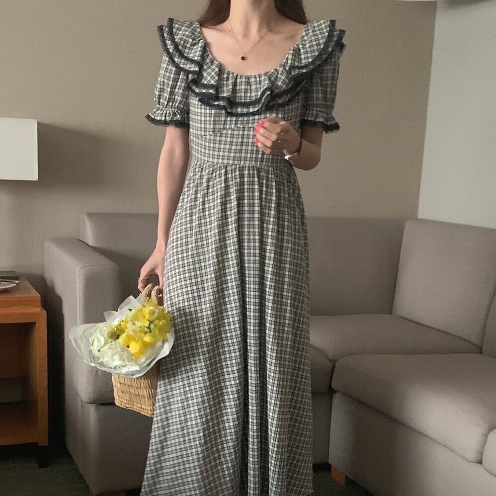 ワンピース レディース ロングワンピース フリル ロングワンピ ワンピドレス ミモレ丈 ロング丈 ビックカラー フリルカラー 半袖 五分袖 Aライン フリル 切り替えデザイン 薄手 かわいい 大人可愛い カジュアル 大人 おしゃれ レトロ 大人女子 こなれ感 ラフ ラブリー キュート ガーリー 個性的 抜け感 チェック柄 夏 10代 20代 30代 OL 学生 デート お出かけ 女子会 休日 街歩き 散歩 着回し 普段使い 韓国系 ファッション モテ 体型カバー ブラック 黒 グリーン 緑 送料無料