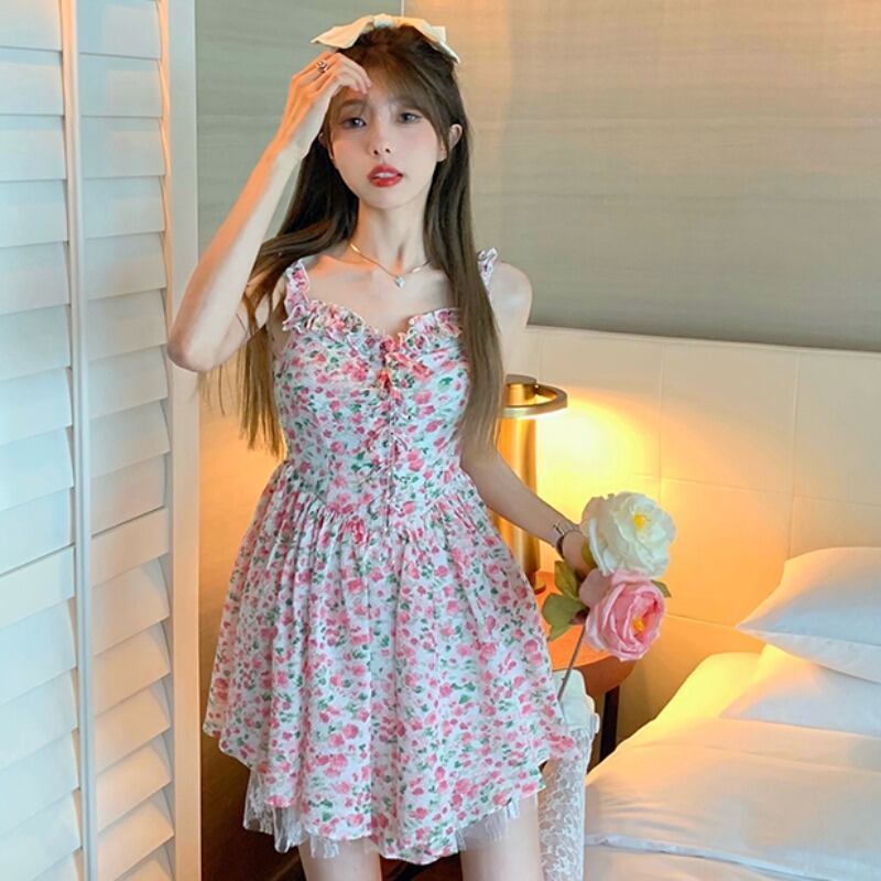 フローラルドレス ショートスカート サマー ピンク ふわふわ 夏物 花柄 YY-ファッション37414012832