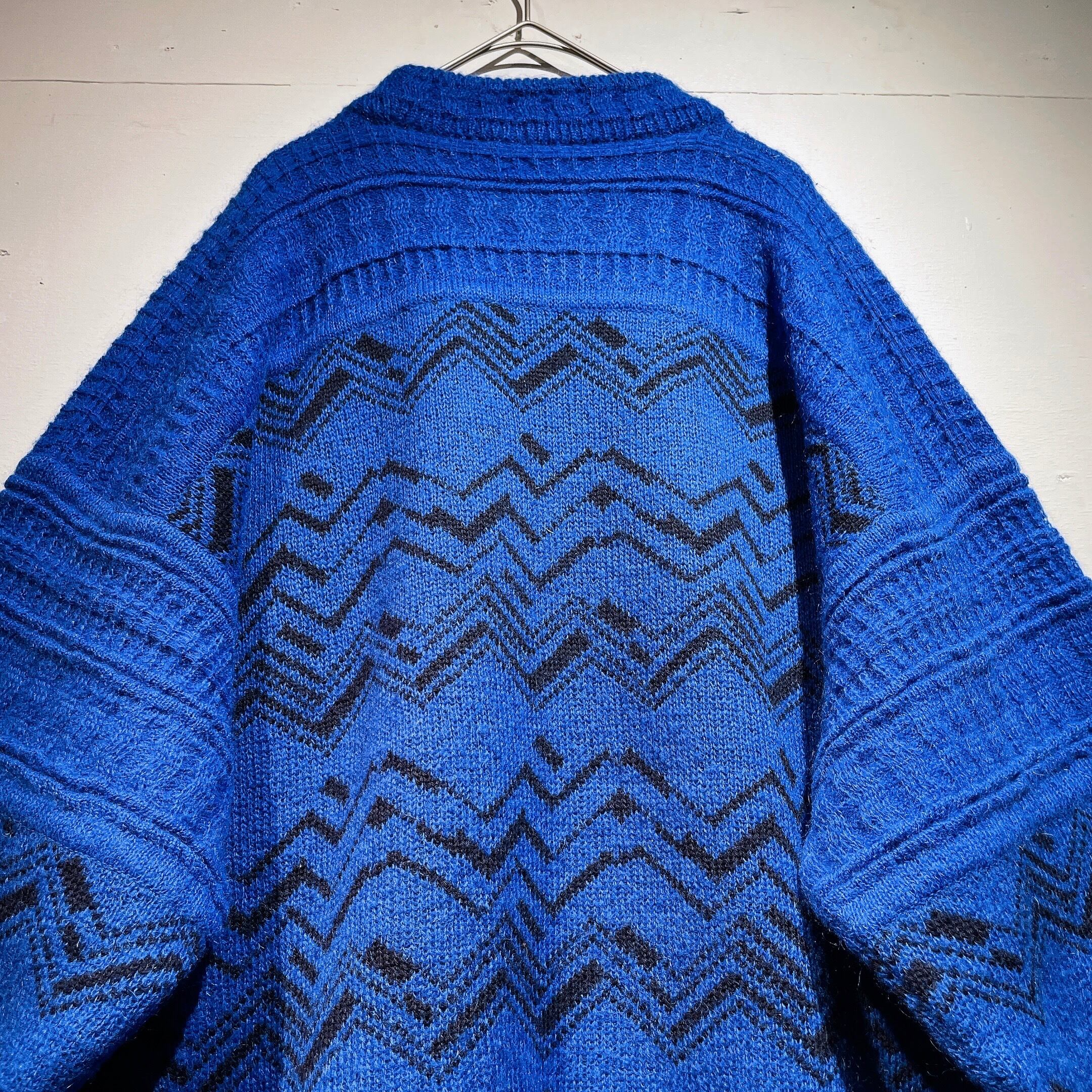 1990s Vivid Blue color zigzag pattern design loose silhouette vintage knit