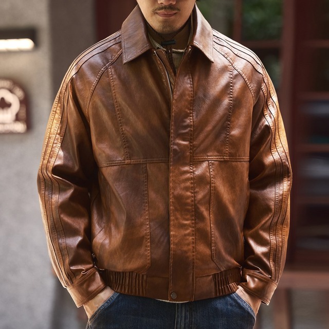 Polo collar vintage single rider jacket ( 2color )