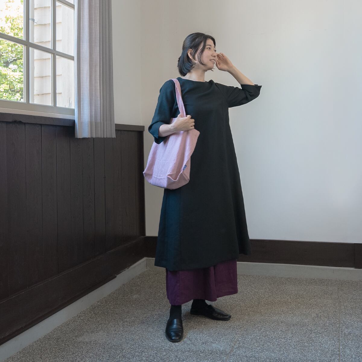完売品✨シビラ リネン100% フロントクロス マキシ丈 ワンピース フレア M リネン100％】きれいめフレアワンピース【黒色／紺色】 | 近江上布伝統