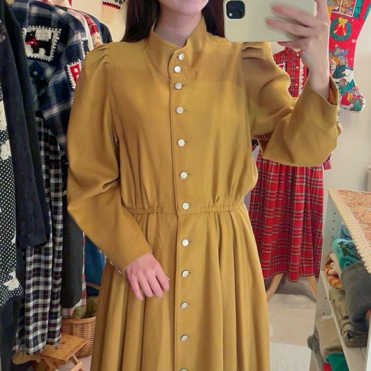 mustard front metal button one-piece