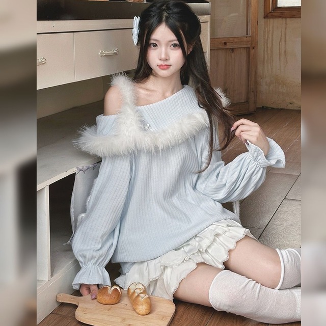 ガーリーオープンショルダーセーター＋ティアードスカートセット：トップス