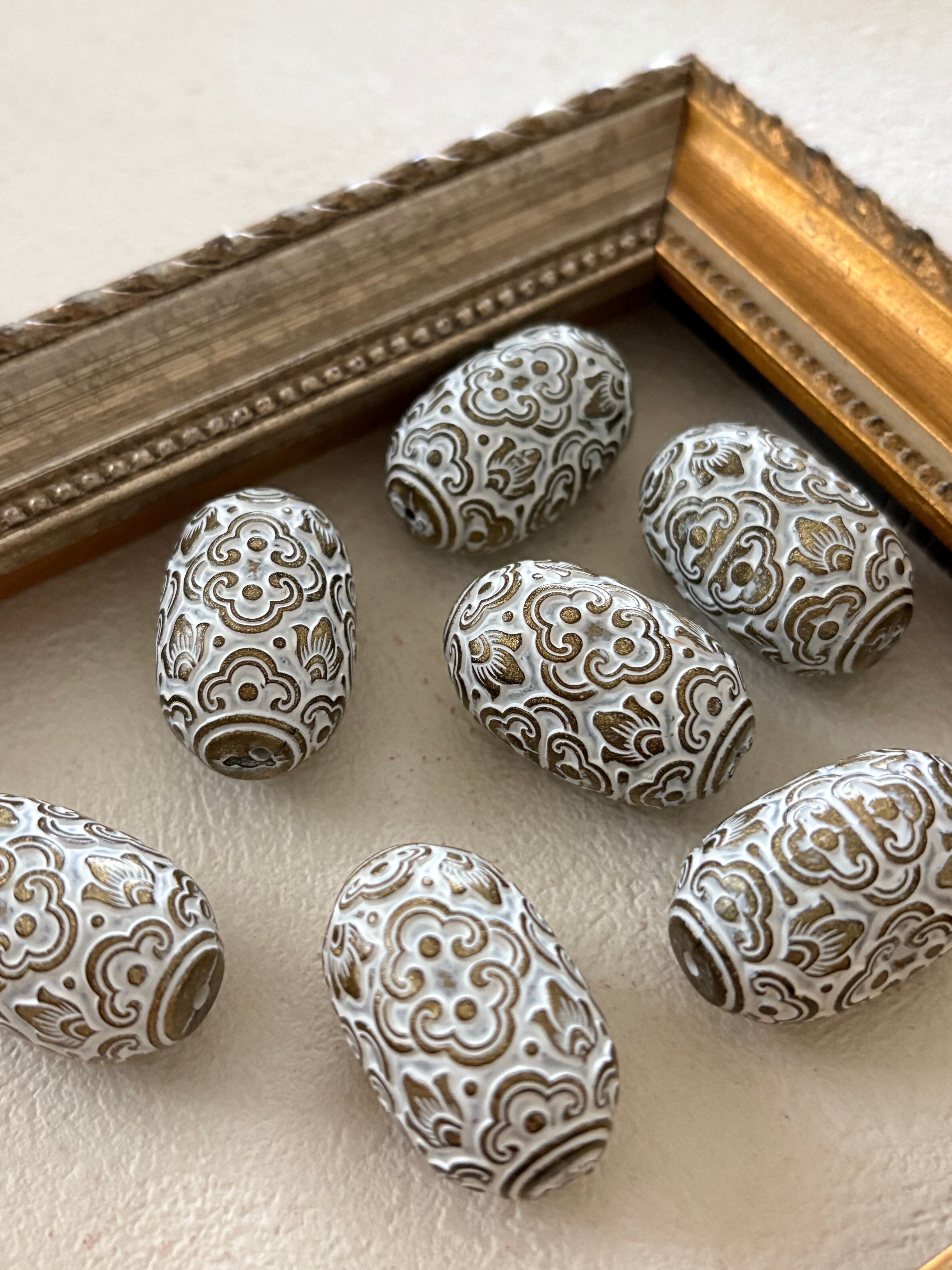 Vintage ルーサイトビーズ シャビー グレー×ホワイト 樽型 2個セット デッドストック アクセサリーパーツ