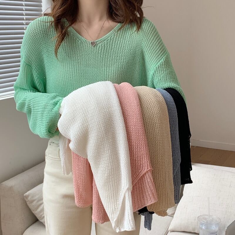 ルーズVネックブラウス オータムセーター トップス レディース ロング 秋物 ハンチェンe96010467497