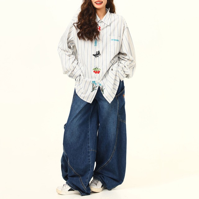 ストライプフラワーエンブロイダリーシャツ   R00751