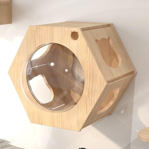 壁掛け猫クライミングフレーム オール無垢材ジャンプ台 猫スクラッチボード 壁ジャンプ台 猫家 六角形スタイリッシュ