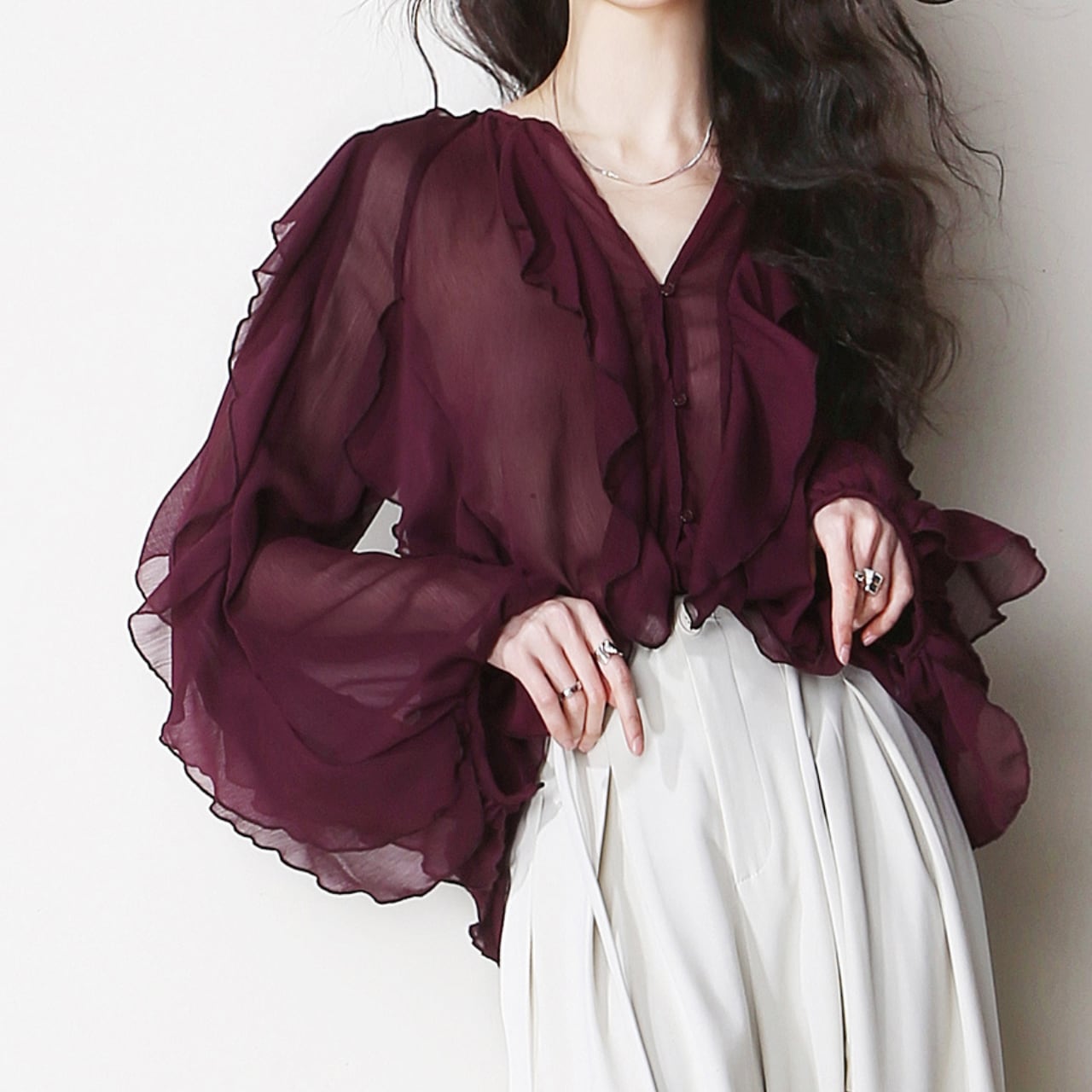 V-Neck Flare Sleeve Blouse L00359