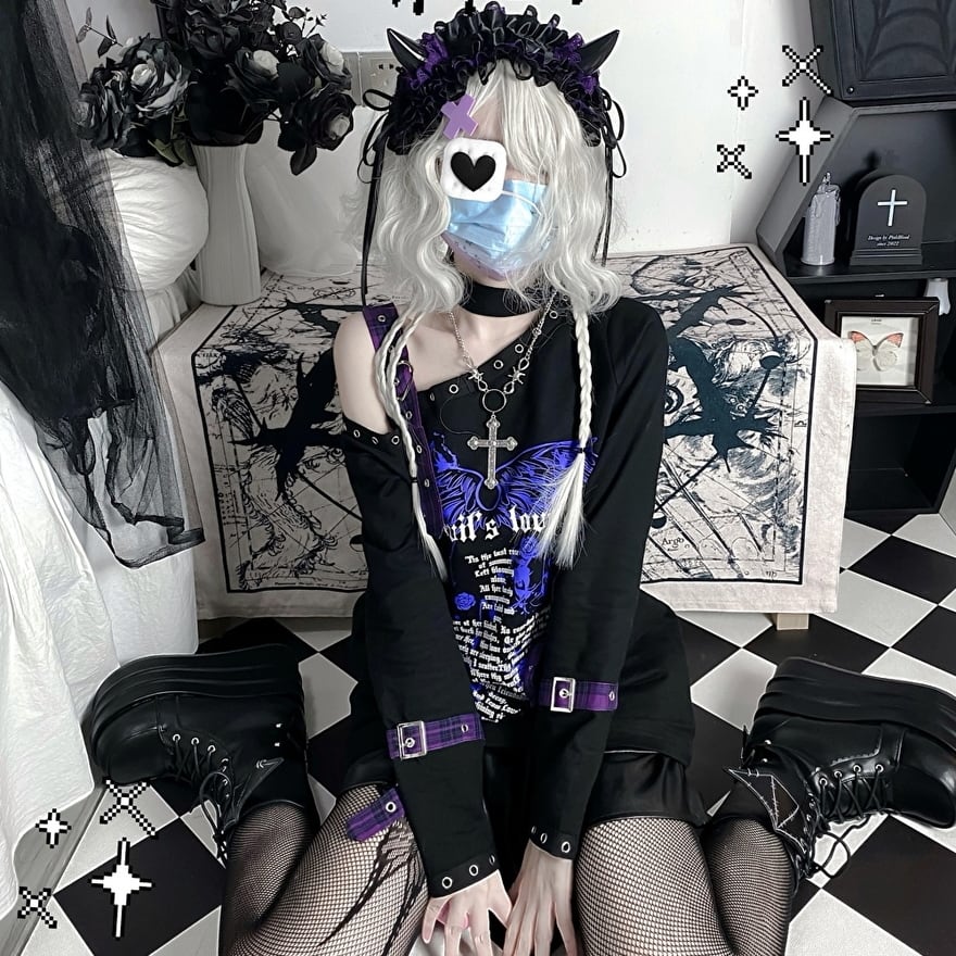 サブカル 服 地雷系 通販 長袖Tシャツ ワンショル ストラップベルト チョーカー ゴスロリ 闇かわいい ゴシック バンギャ