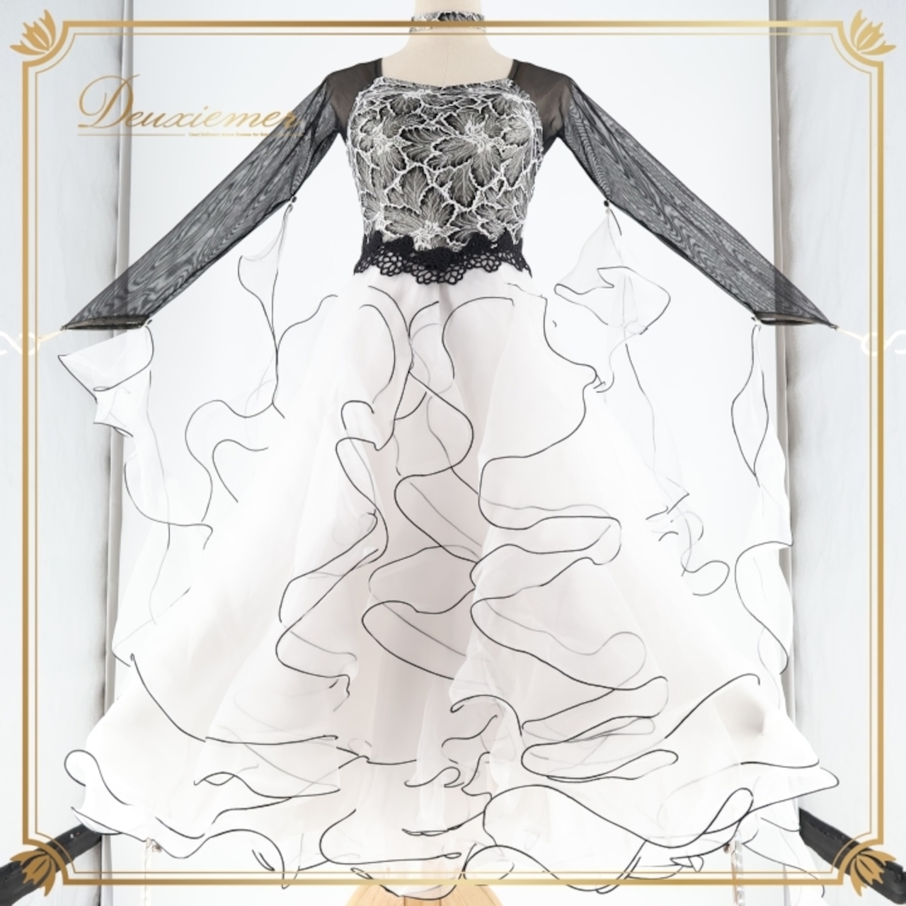 社交ダンス 衣装 スタンダード ドレス ワンピース 白 黒 レース 高級感 パスタイム PASTIME 日本製 パーティ 発表会 フリル フロート ブラック系 ホワイト系 モノトーン スカート 軽い お洒落 レディース 鮮やか 上品 ダンス 発表会用 衣装用 スタイリッシュ パフォーマンス用