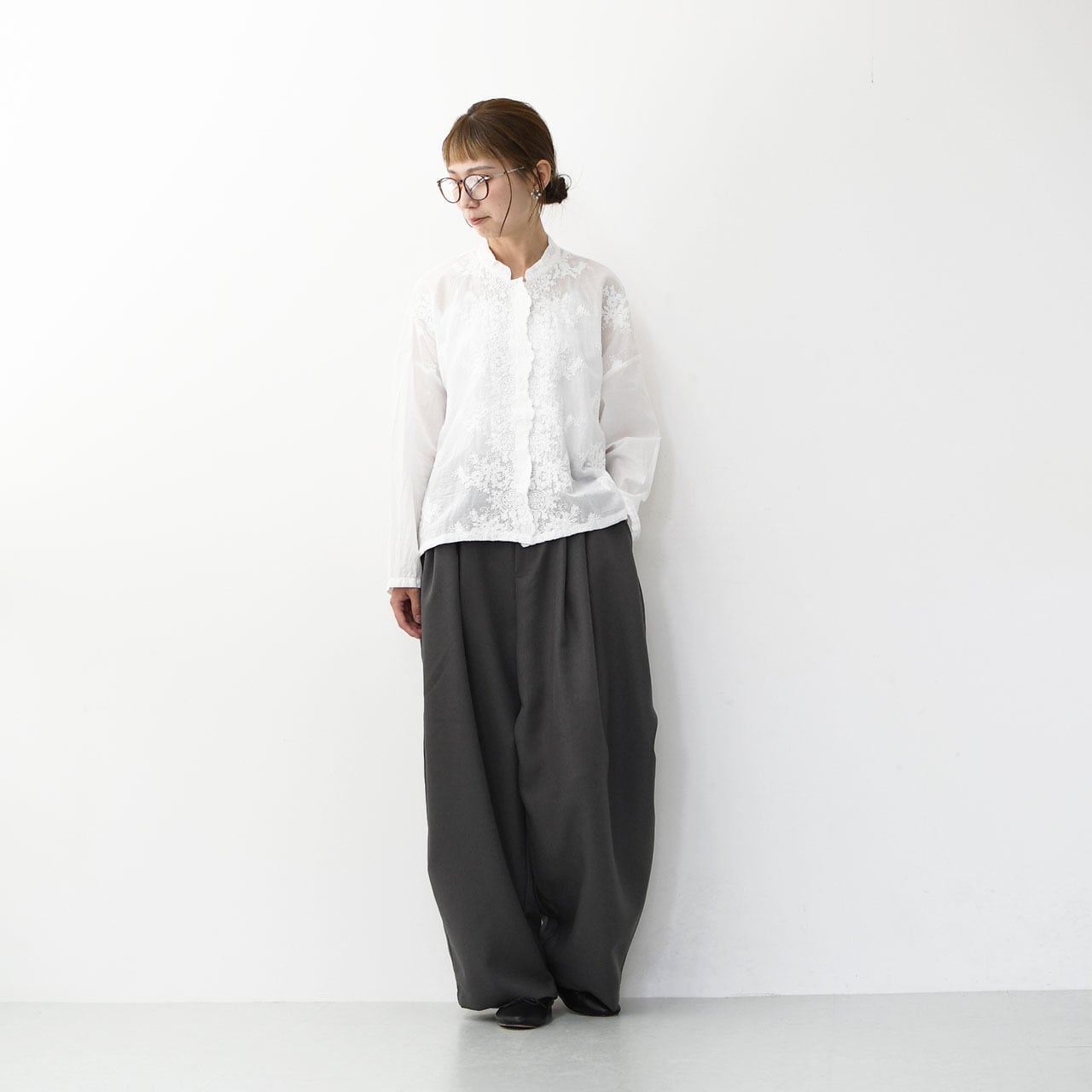 mizuiro ind [ミズイロ インド] lace stand collar wide shirt [1
