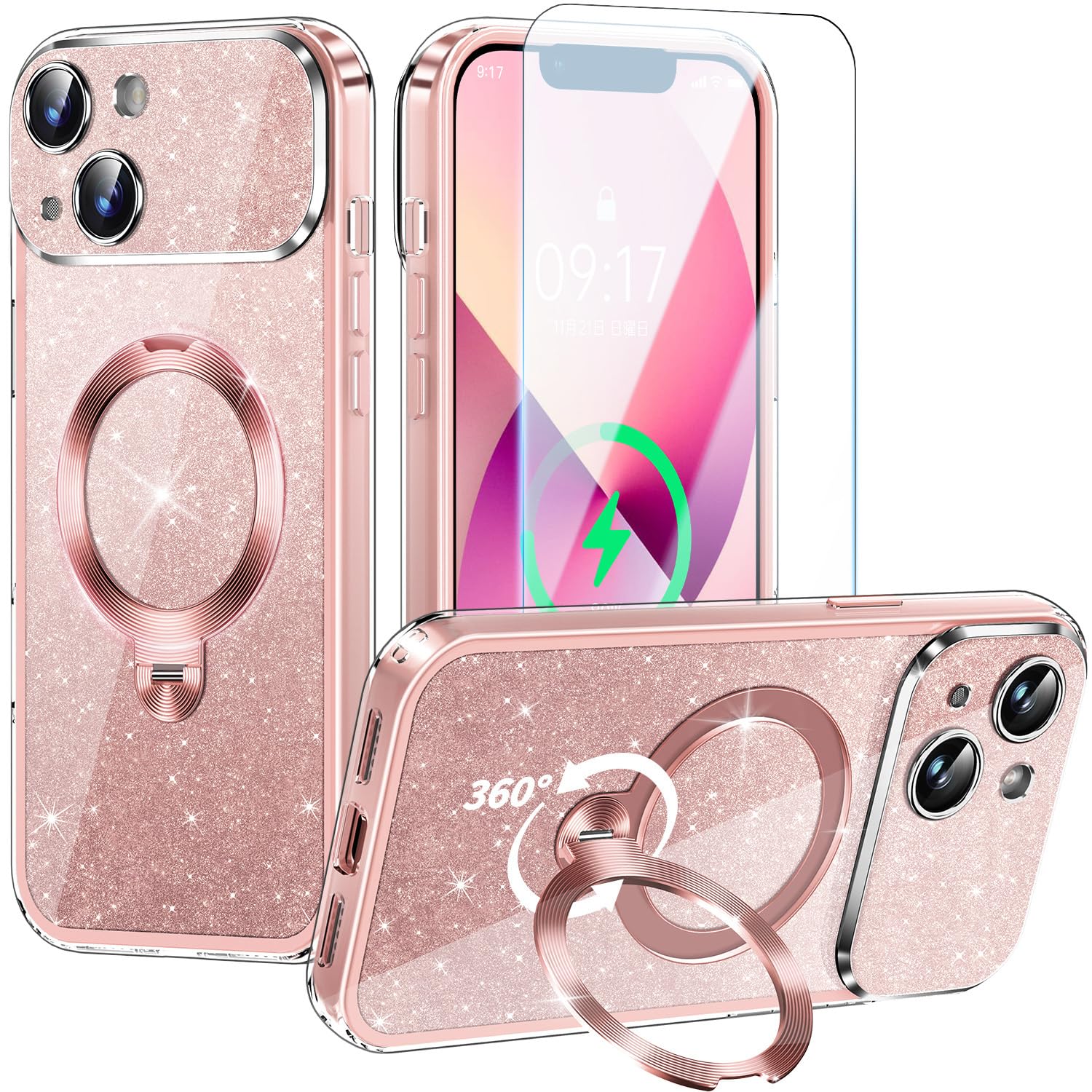 【新設計のフルカバーカメラレンズ保護 ・輝く背面デザイン】 Rosycover iPhone 13 用 ケース (ホットピンク)