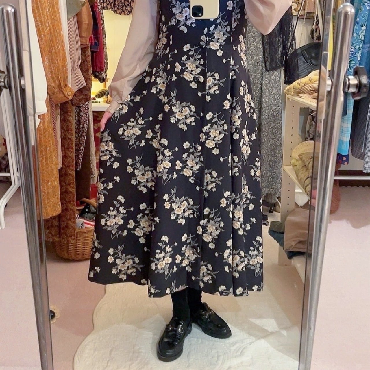 black flower front button jumper skirt