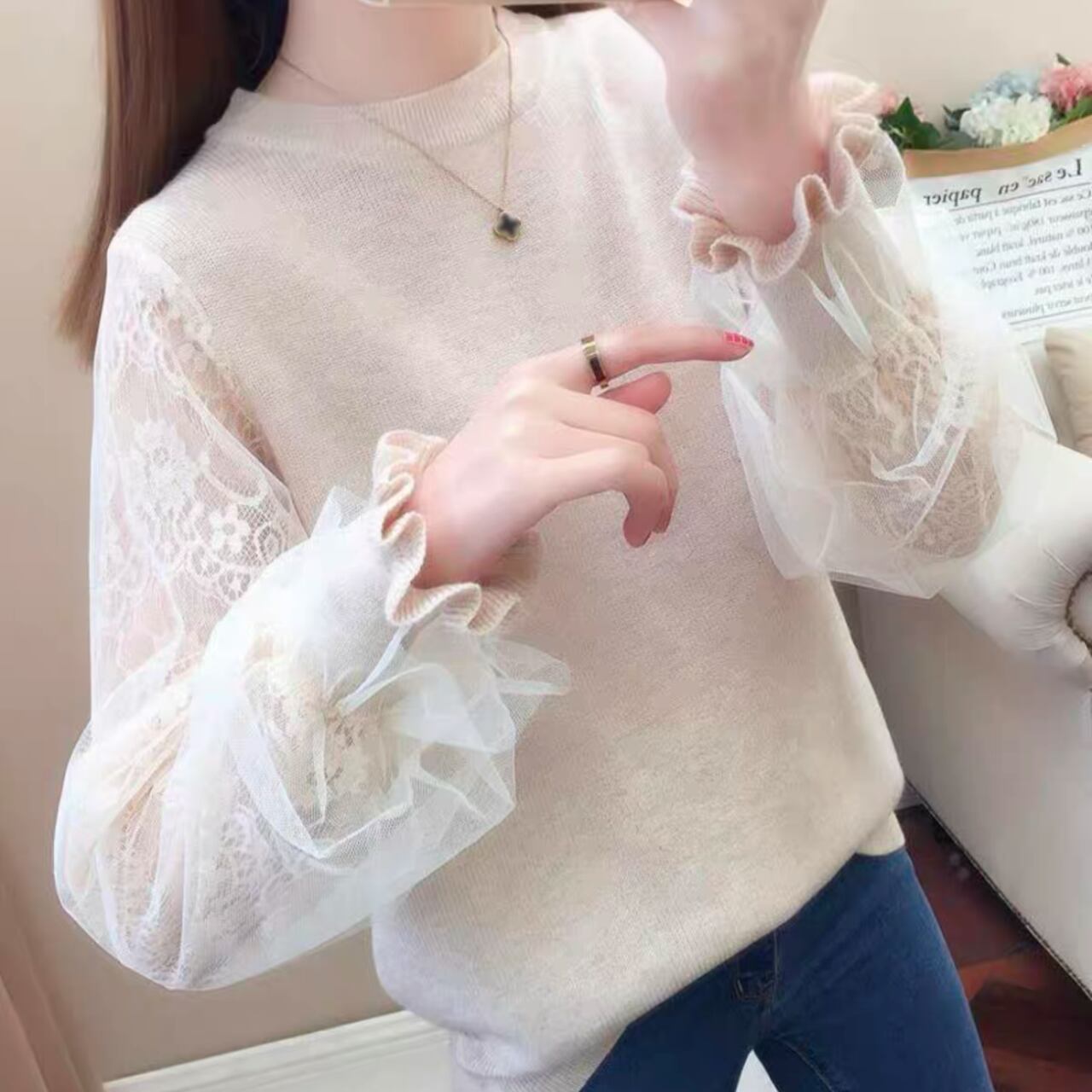 フラワーバルーン袖カットソー A0059