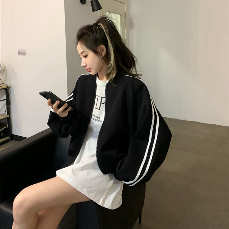 ショートカーディガンジャケット スプリングブラックルーズジッパートップス 春物 ブラックストロベリース45153689905