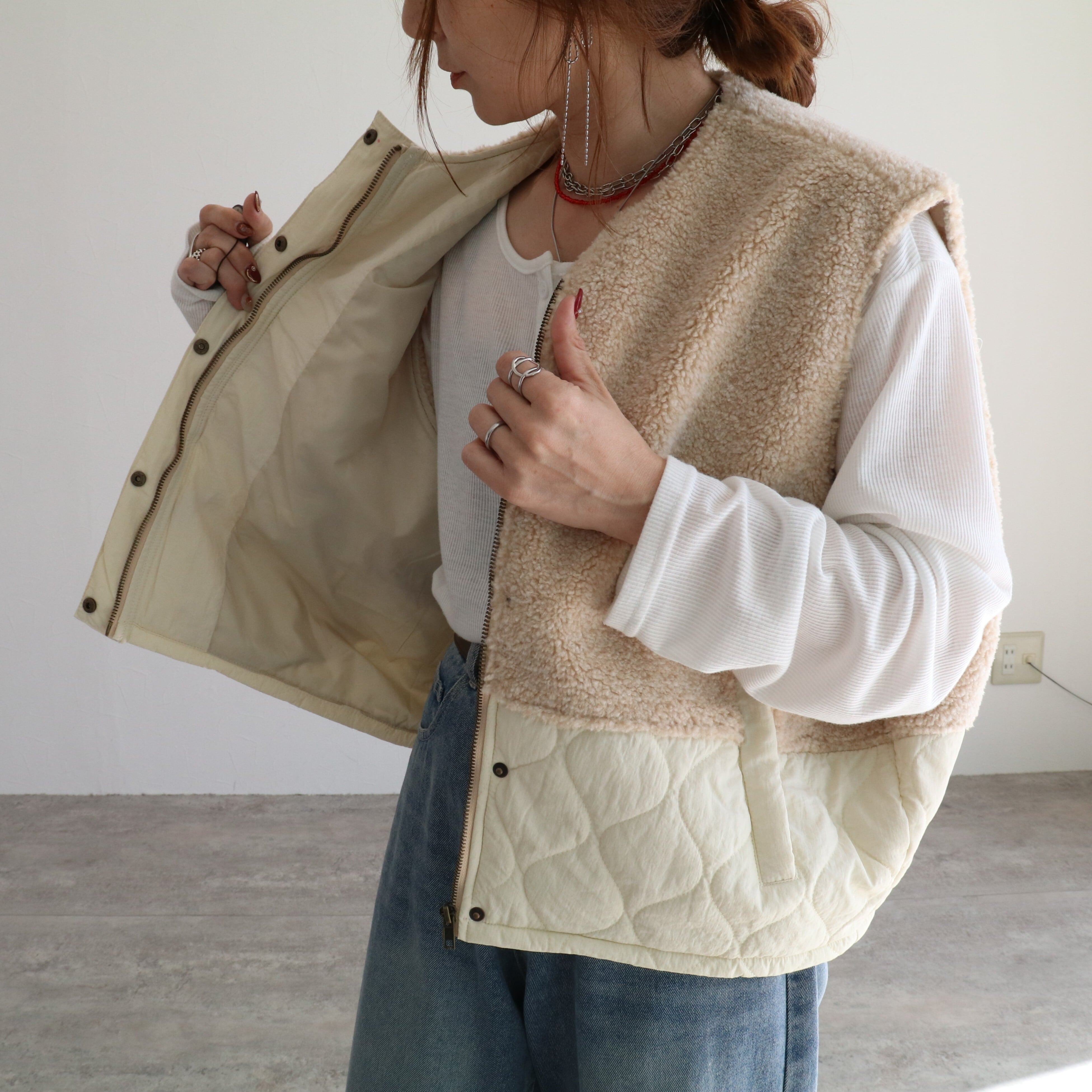 ボア×キルティングエッグベスト【an-D251419L-z】宅配便送料無料/宅配